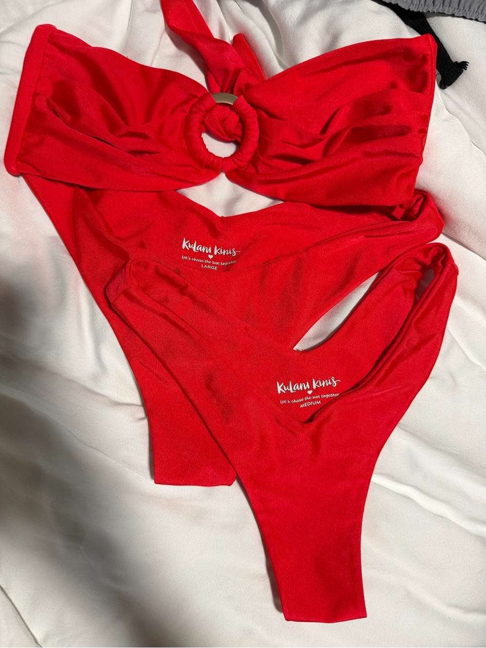 Kulani Kinis Cherry Crush 3 Piece Bikini Set. L Top/ V bottom, M Y Bottom